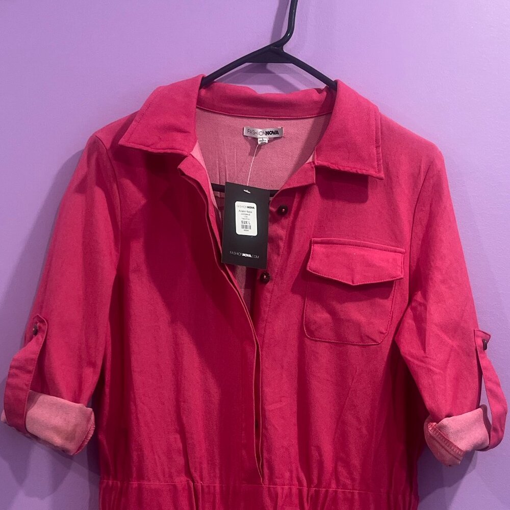 Women's Pink Utility Jumpsuit - Casual Long Sleeve Romper - Picture 5 of 6